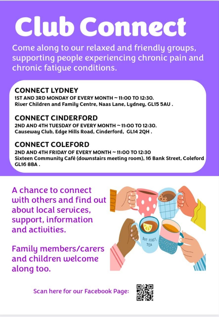 Club Connect pain group. 2nd and 4th Friday of every month at Sixteen Community Cafe, Coleford.